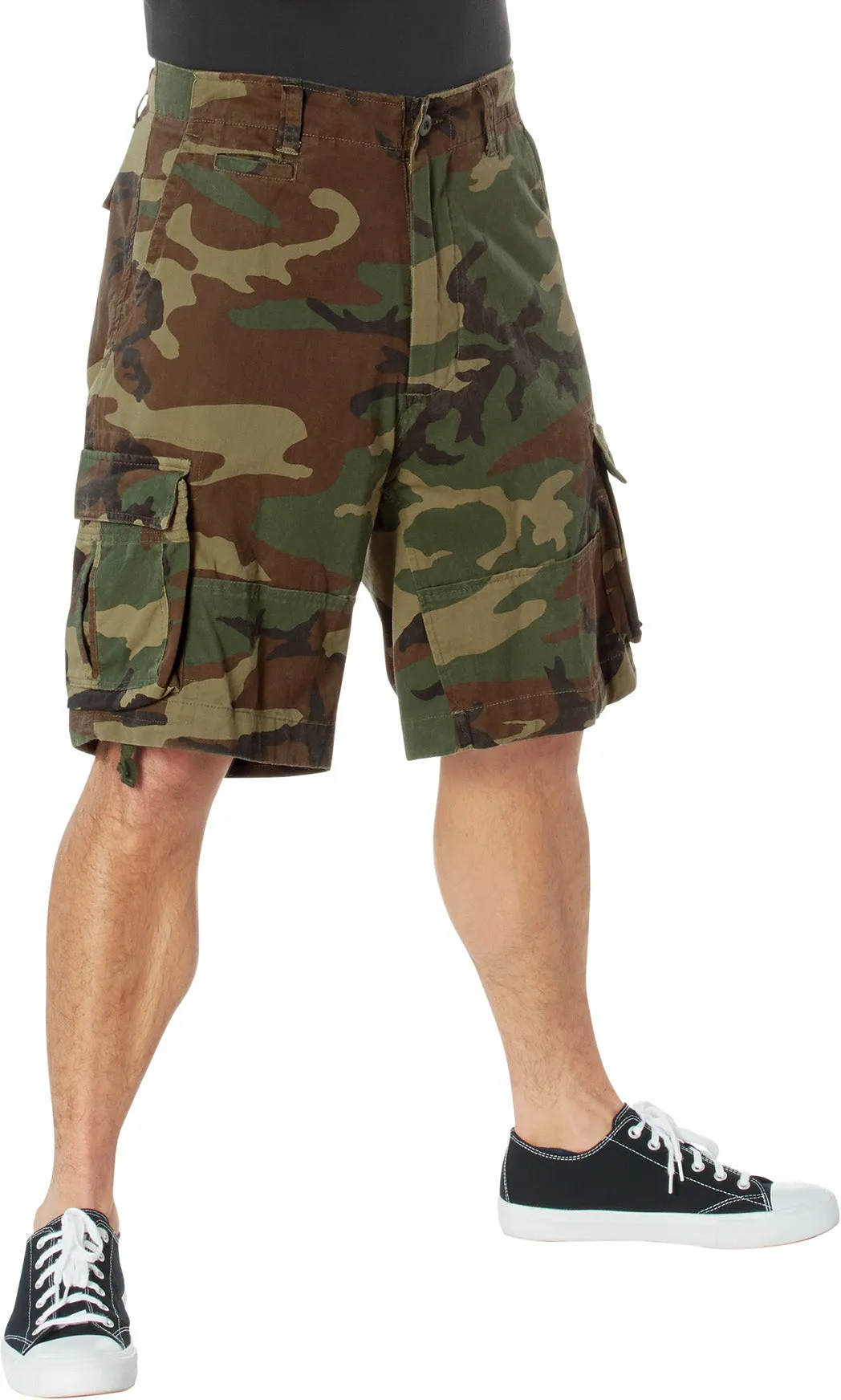 Woodland Camouflage - Vintage Infantry Utility Army BDU Cargo Shorts - Heavyweight Cotton - Zipper Fly
