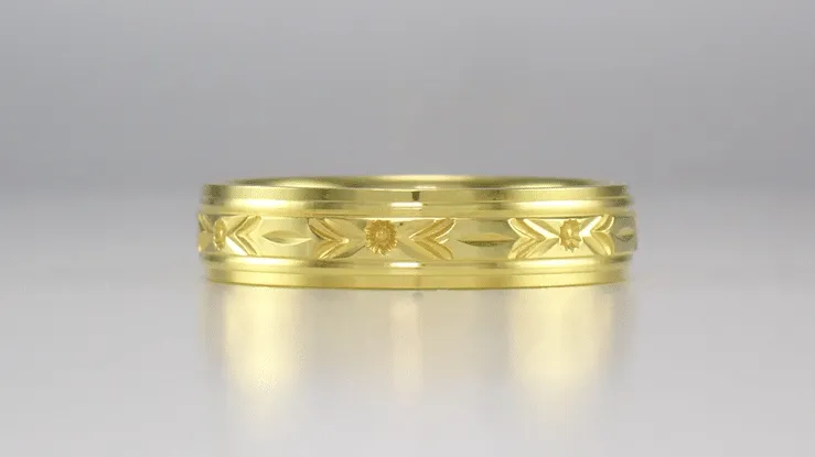 Yellow Gold 1930's Art Deco Men's Floral Grooved Wedding Band - 5mm Wide